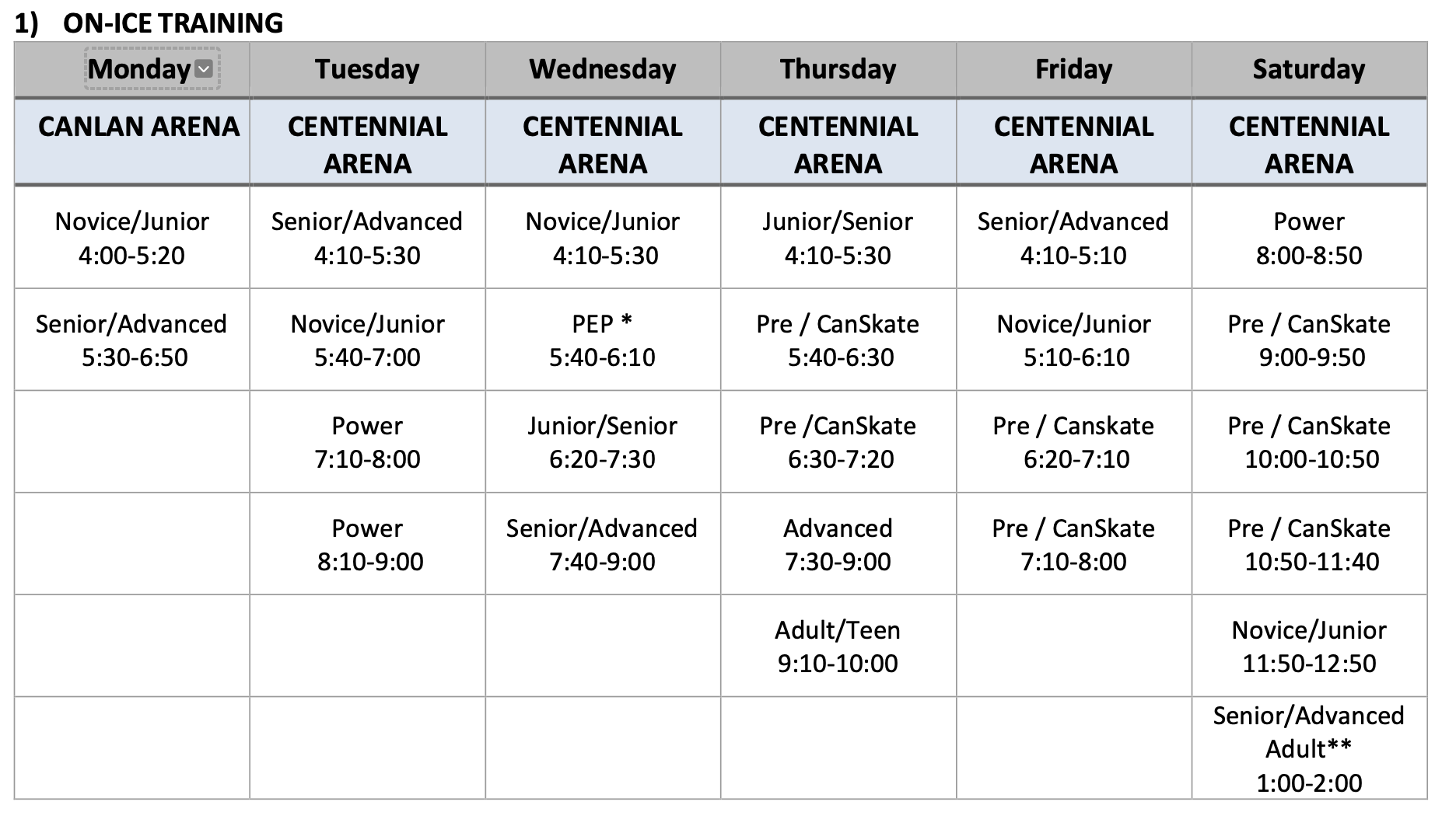 Schedules Markham Skating Club